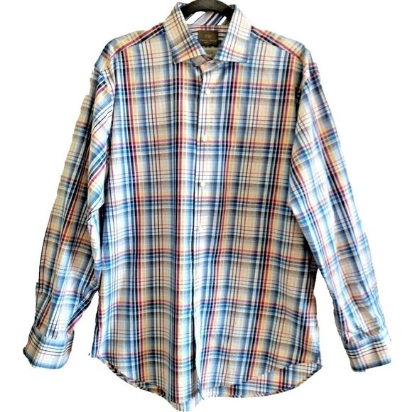 Thomas Dean Mens Pima Cotton Primary Colors Plaid Flip Cuffs Shirt - Large - Picture 1 of 10